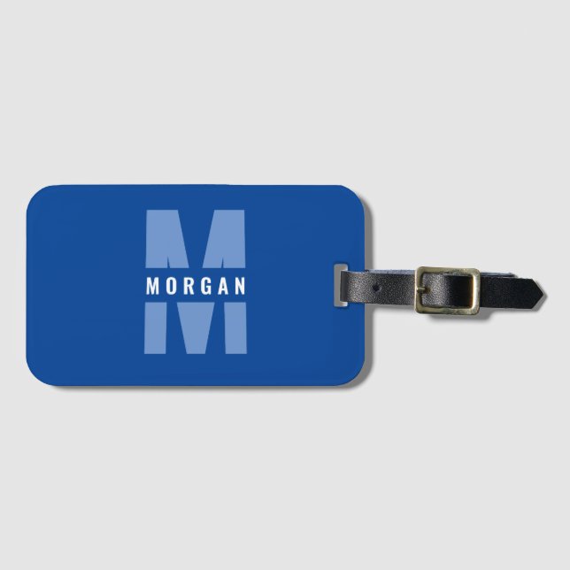 Spaß Stilvolle Chic Monogram Name Initial Blue Whi Gepäckanhänger (Vorderseite (Horizontal))