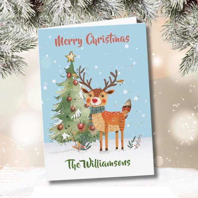 Spaß Stilvoller Wasserfarben-Rentierbaum Karte (Von Creator hochgeladen)