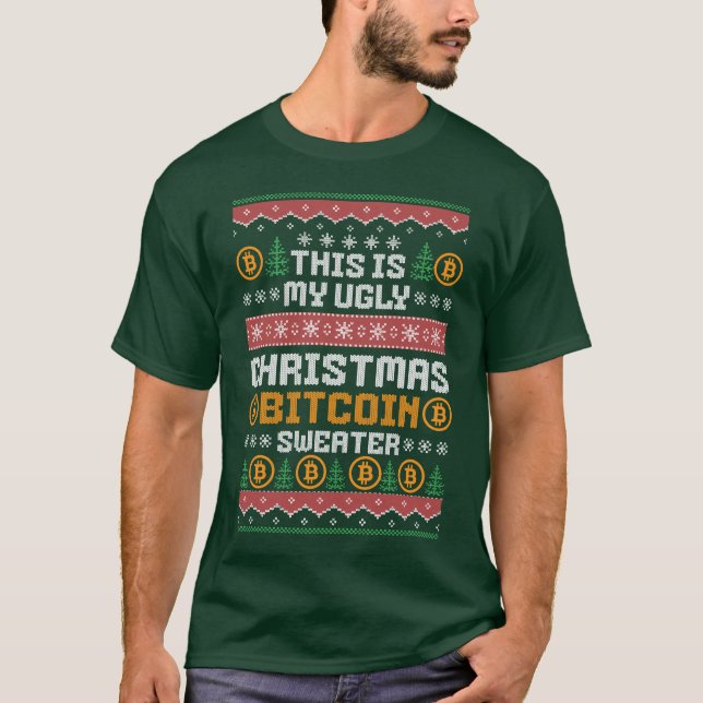 Spaß UGLY CHRISTMAS BITCOIN Imitats Strick Muster T-Shirt (Vorderseite)