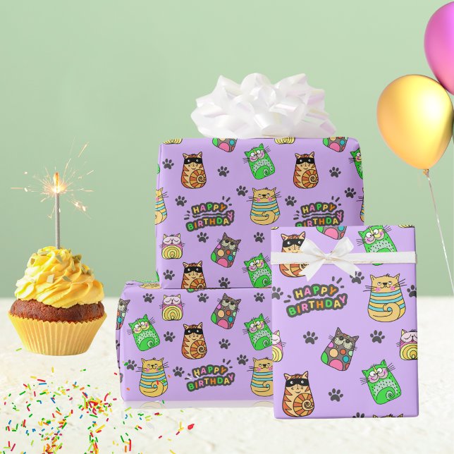 Spaß und buntes Glück Geburtstagskatzen Geschenkpapier (Fun and Colorful Happy Birthday Cats Wrapping Paper)