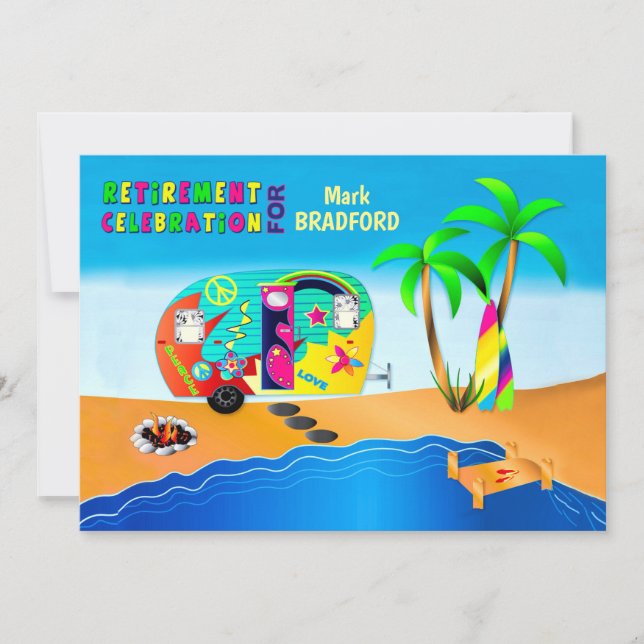 Spaß und farbenfrohe Hippie Campingruhe Einladung (Vorderseite)