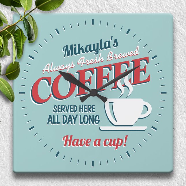 Spaß Vintager frisch gebrühter Kaffee Personalisie Quadratische Wanduhr (Von Creator hochgeladen)