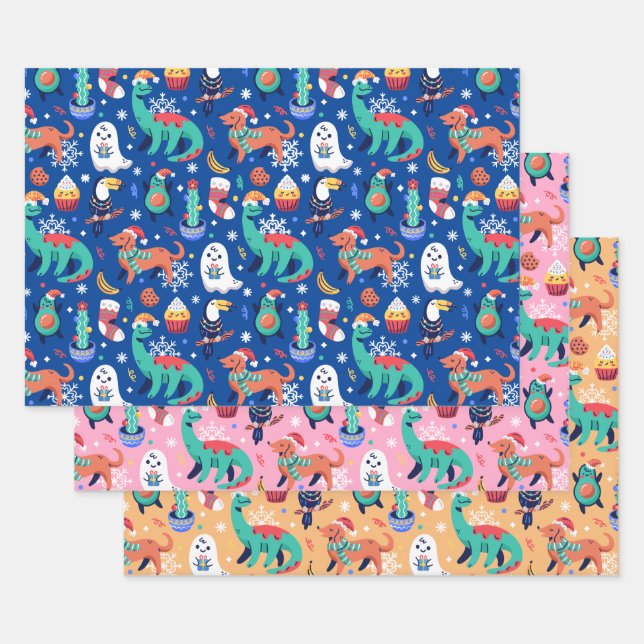 Spaß Weihnachten Dinosaurier Dog Parrot Avocado Ca Geschenkpapier Set (Set)
