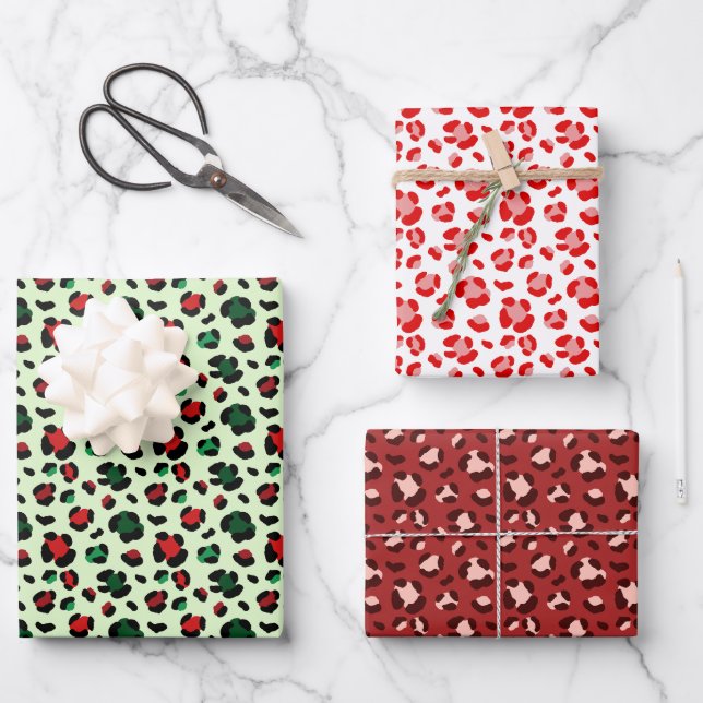 Spaß Weihnachten Leopard Print Trio Mix Geschenkpapier Set (Vorderseite)