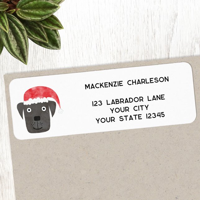 Spaß Weihnachts Hund Personalisierte Rücksendeadre (Black dog in a Christmas Santa hat personalized return address label)