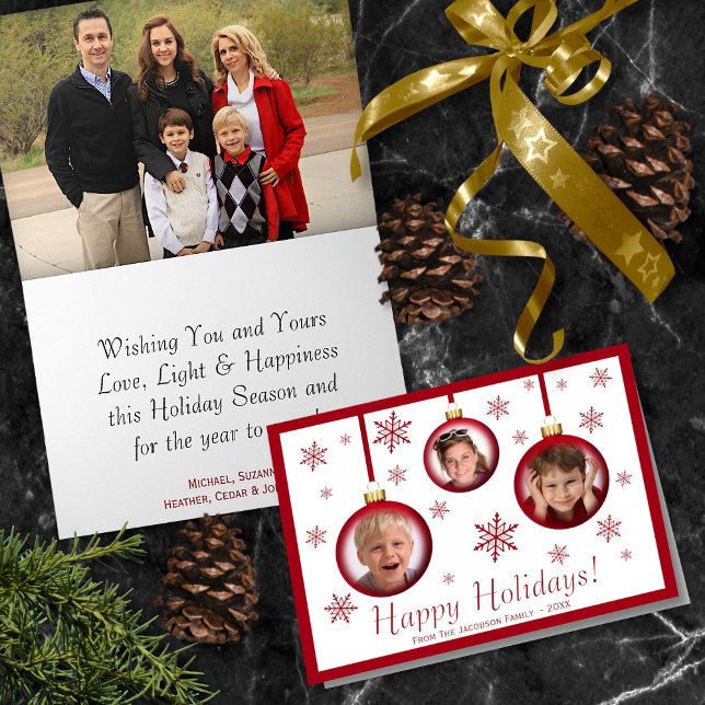 Spaß Weihnachtsball Ornament 3 Foto Happy Holidays Karte (In Situ Front/Inside)