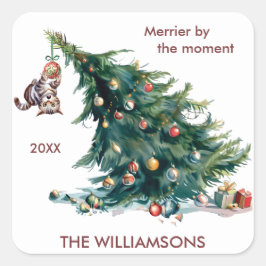 Spaß Weihnachtsbaum Dangling Cat Foto Quadratischer Aufkleber