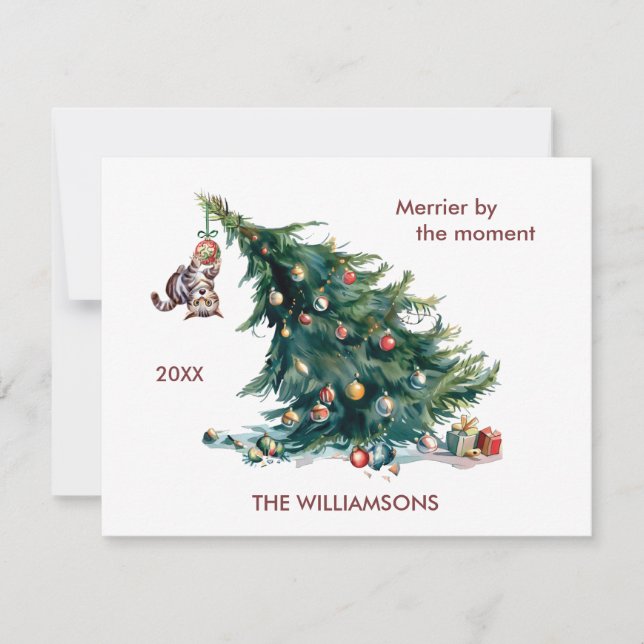 Spaß Weihnachtsbaum Dangling Cat Personalize Feiertagskarte (Vorderseite)