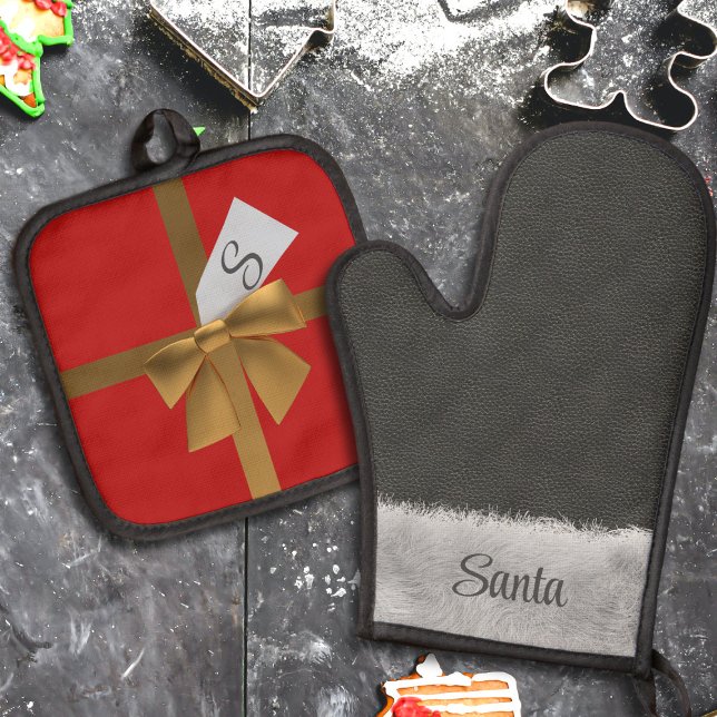 Spaß Weihnachtshandschuh und Weihnachtsfeiertag Ofenhandschuh & Topflappen-Set (Fun and festive oven mitt set with space for your name and initial)