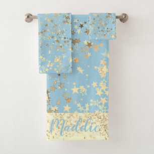 Spaß Whimsical Gold Stars auf Blue Personalisiert Badhandtuch Set