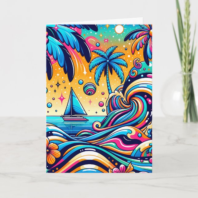 Spaß Whimsical Psychedelic Sailboat Karte (Vorderseite)