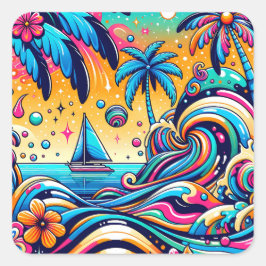 Spaß Whimsical Psychedelic Sailboat Quadratischer Aufkleber