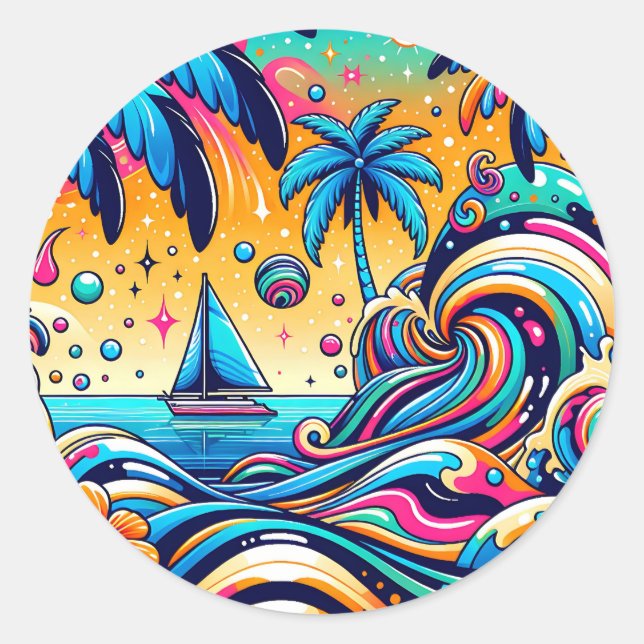Spaß Whimsical Psychedelic Sailboat Runder Aufkleber (Vorderseite)