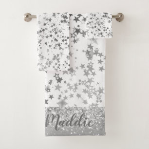 Spaß Whimsical Silber Stars auf Weiß Personalisier Badhandtuch Set