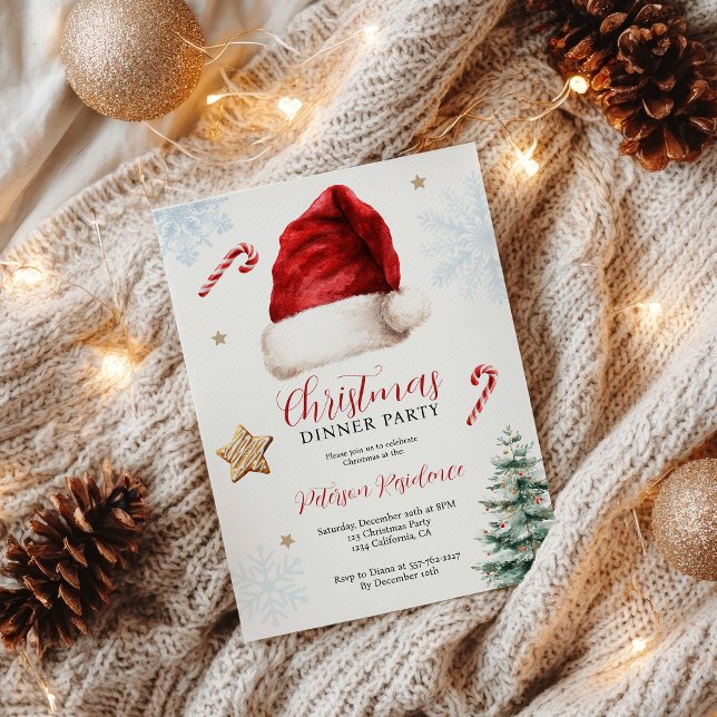 Spaß Whimsical Weihnachtsmannmütze Weihnachtsabend Einladung (Fun Whimsical Santa Hat Christmas Dinner Party Invitation)