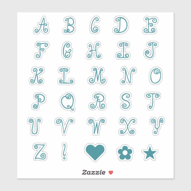 Spaß Wirbler Aquamariner Schriftart Alphabet Initi Aufkleber (Blatt)