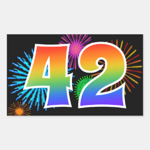 Spaßige Feuerwerk + Regenbogen-Muster "42" Ereigni Rechteckiger Aufkleber