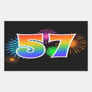 Spaßige Feuerwerk + Regenbogen-Muster "57" Ereigni Rechteckiger Aufkleber