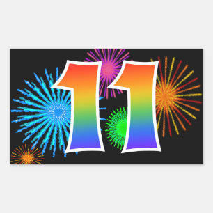 Spaßige Feuerwerk + Regenbogenmuster "11" Ereignis Rechteckiger Aufkleber