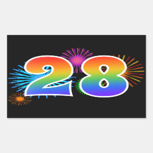 Spaßige Feuerwerk + Regenbogenmuster "28" Ereignis Rechteckiger Aufkleber