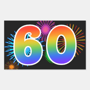 Spaßige Feuerwerk + Regenbogenmuster "60" Ereignis Rechteckiger Aufkleber