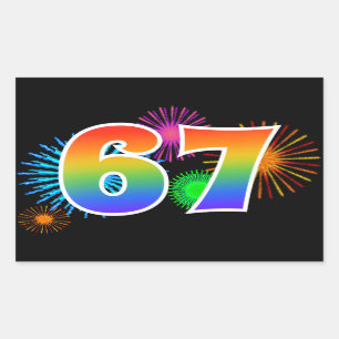 Spaßige Feuerwerke + Regenbogenmuster "67" Ereigni Rechteckiger Aufkleber