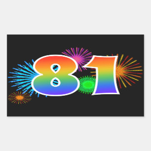 Spaßige Feuerwerke + Regenbogenmuster "81" Ereigni Rechteckiger Aufkleber