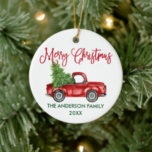Spaßige Kalligrafie Vintage-LKW Rot Grün Weihnacht Keramik Ornament