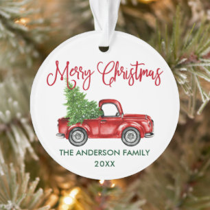 Spaßige Kalligrafie Vintage-LKW Rot Grün Weihnacht Ornament
