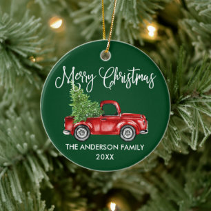 Spaßige Kalligrafie Vintage-LKW Weihnachten Grün Keramik Ornament