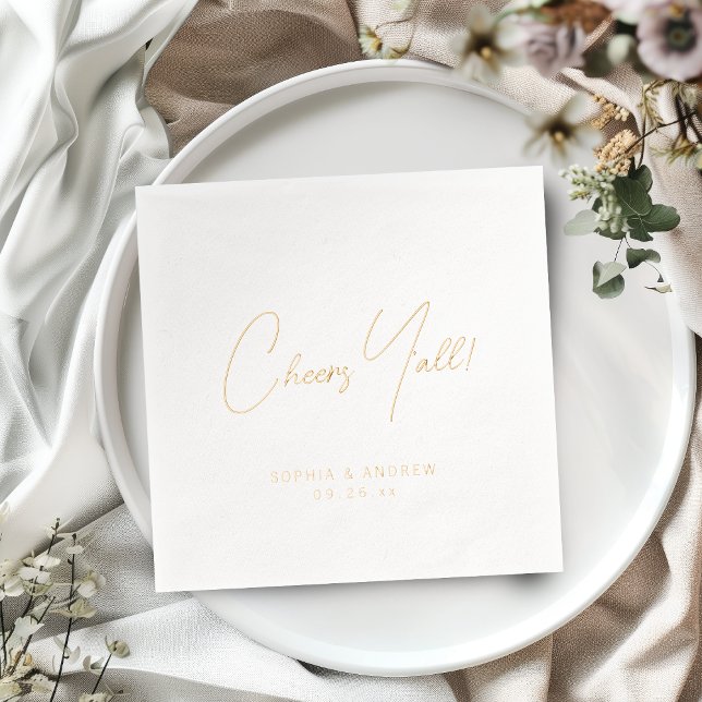 Spaßige moderne Cheers-y'all-Skript Minimalist Hoc Servietten Mit Folie (Fun modern cheers y'all script minimalist wedding foil napkins)