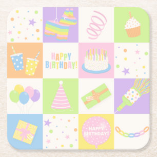 Spaßige Pastell-Geburtstags-Party-Icons Papierserv Rechteckiger Pappuntersetzer