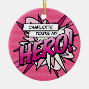 Spaßige Retro-Comic Du bist mein Held Pink Keramik Ornament