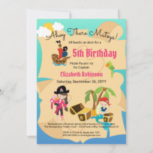 Spaßige Schatzkarte Rosa Piratenmädchen Geburtstag Einladung