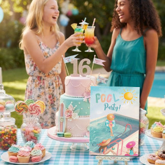Spaßige Sommer-Poolparty-Wasserfarbe Sweet 16 Einladung