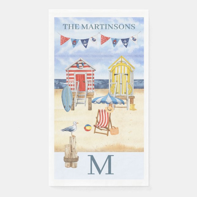 Spaßige Strand-Sommer-Szene Ozean-Monogramm Serviette (Vorderseite)