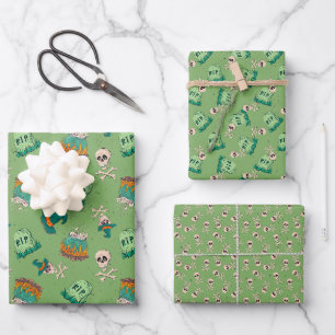 Spaßige Totenschädel und Grabsteine Halloween Geschenkpapier Set