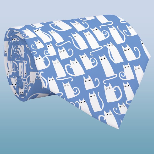 Spaßige weiße Katze Blau Krawatte (Fun kitty cat neck tie for pet and animal lovers)
