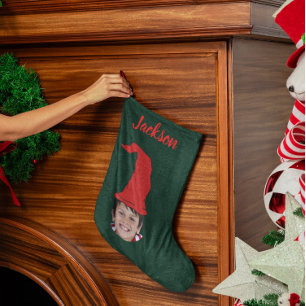 Spaßiger dunkelgrüner Elf-Hut & Foto & Benannt  Großer Weihnachtsstrumpf