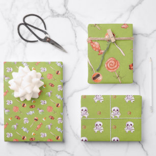 Spaßiger Halloween-Süßigkeiten und Totenköpfe Geschenkpapier Set