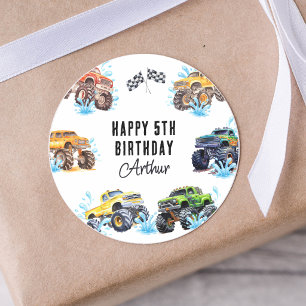 Spaßiger Monster-Truck-Geburtstags-Poolparty Runder Aufkleber