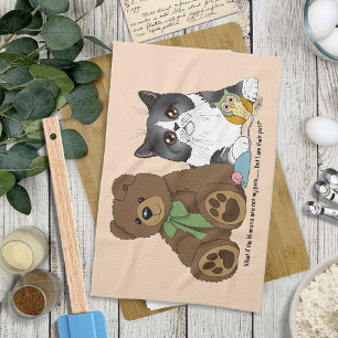 Spaßiger Pfirsich Süße Graue Katze Teddybär Humor Geschirrtuch