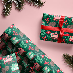 Spaßiger Rosa Vintage-Zug Weihnachtsbaum Lieferung Geschenkpapier