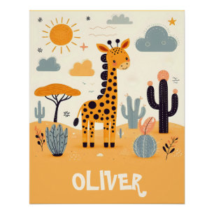 Spaßiger süßer Giraffe in der Savanne Poster