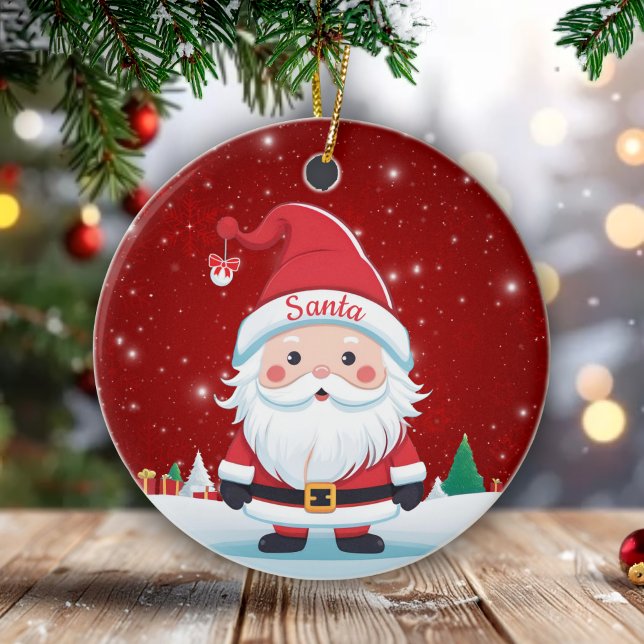 Spaßiger Weihnachtsmann Weihnachts-Beere-Rot Keramik Ornament (Personalizable Santa Claus Christmas Berry Red Ornament Customizable Text  Holiday Decoration 🎄🎅🏼)