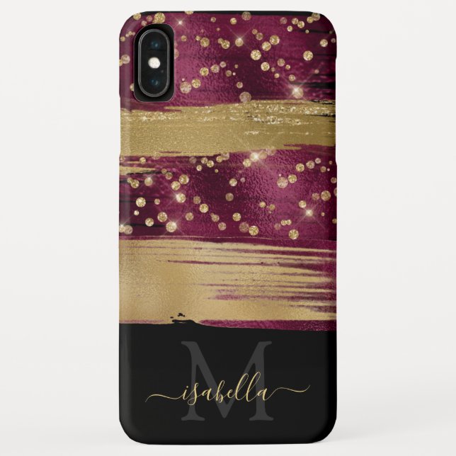 Spaßiges Burgunder-Gold-Glitter-Script-Monogramm Case-Mate iPhone Hülle (Rückseite)