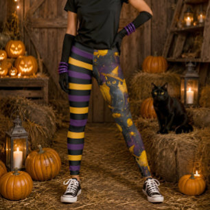 Spaßiges Halloween-Hexenkatze-Lila-gestreifte-Kürb Leggings
