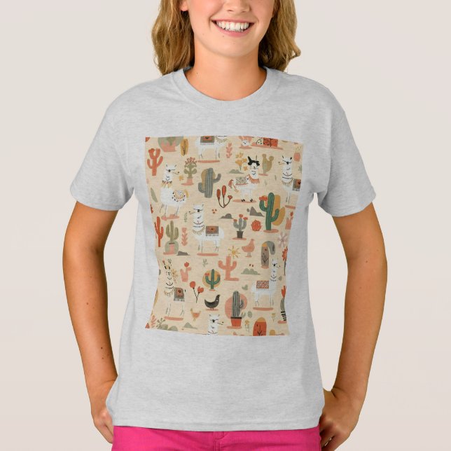 Spaßiges Wüsten-Lamas-Muster T-Shirt (Vorderseite)