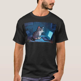 Späte Nacht Pixel-Katze arbeitet an Laptop – Cozy  T-Shirt