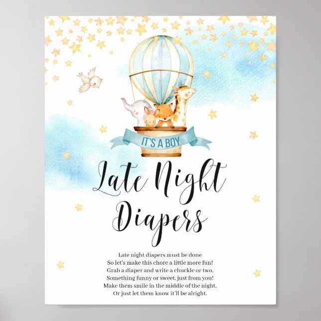 Späte Nacht Windeln Spielzeichen Baby Shower Tiere Poster (Vorne)